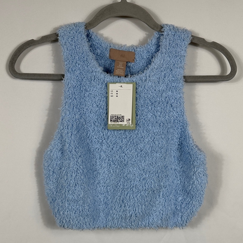 H&M Light Blue Fuzzy Textured Top. NWT. Womens size M. Stretchy. Y2K inspired